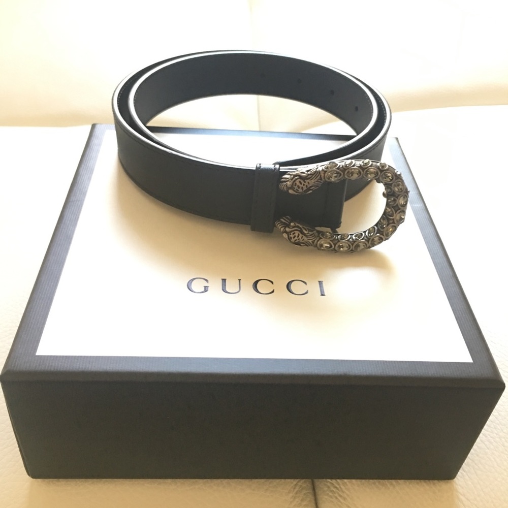 Gucci leather belt with crystal Dionysus buckle